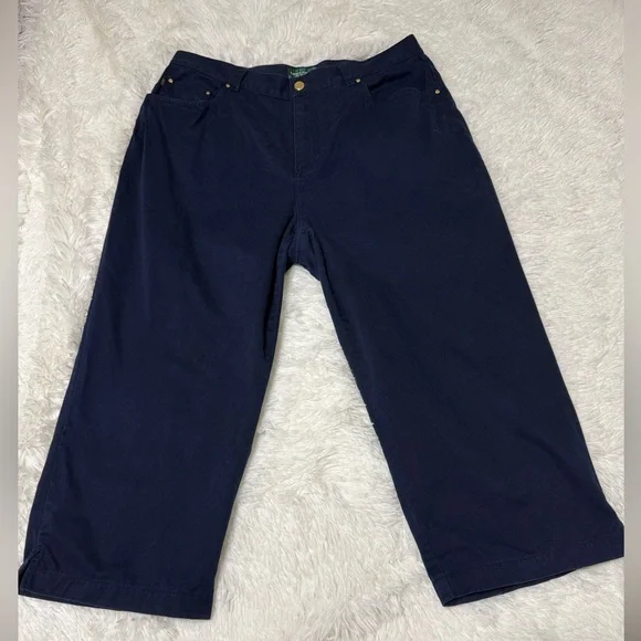 Lauren Ralph Lauren Pant Chino Navy Capri high Rise Cropped Classic Size 16 W - Picture 6 of 15